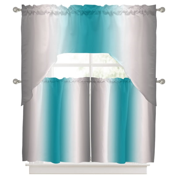 Curtains Swag and Tiers Curtains Set, Turquoise Gray Ombre Valances with Kitchen Tier Curtain 36 Inches Long, Farmhouse Teal Gradient Modern Art Swag Light Filtering Curtains for Sink/Laundry Room