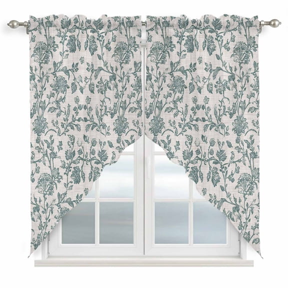 Swag Valance Curtains for Windows, Farmhouse Light Filtering Kitchen Curtains with Rod Pocket, Teal Blue Green Vintage Flower Leaf Plant Window Treatment Valances for Living Room, 36x63 - 2 PCS