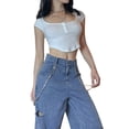 thumbnail image 3 of Txlixc Mujeres Verano Sexy Crop Tops Manga Corta Cuello Cuadrado Botón Camiseta Txlixc Sexy, 3 of 9