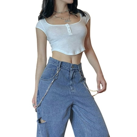 Gaono Women Summer Sexy Crop Tops Short Sleeve Square Collar Button Slim T-shirt