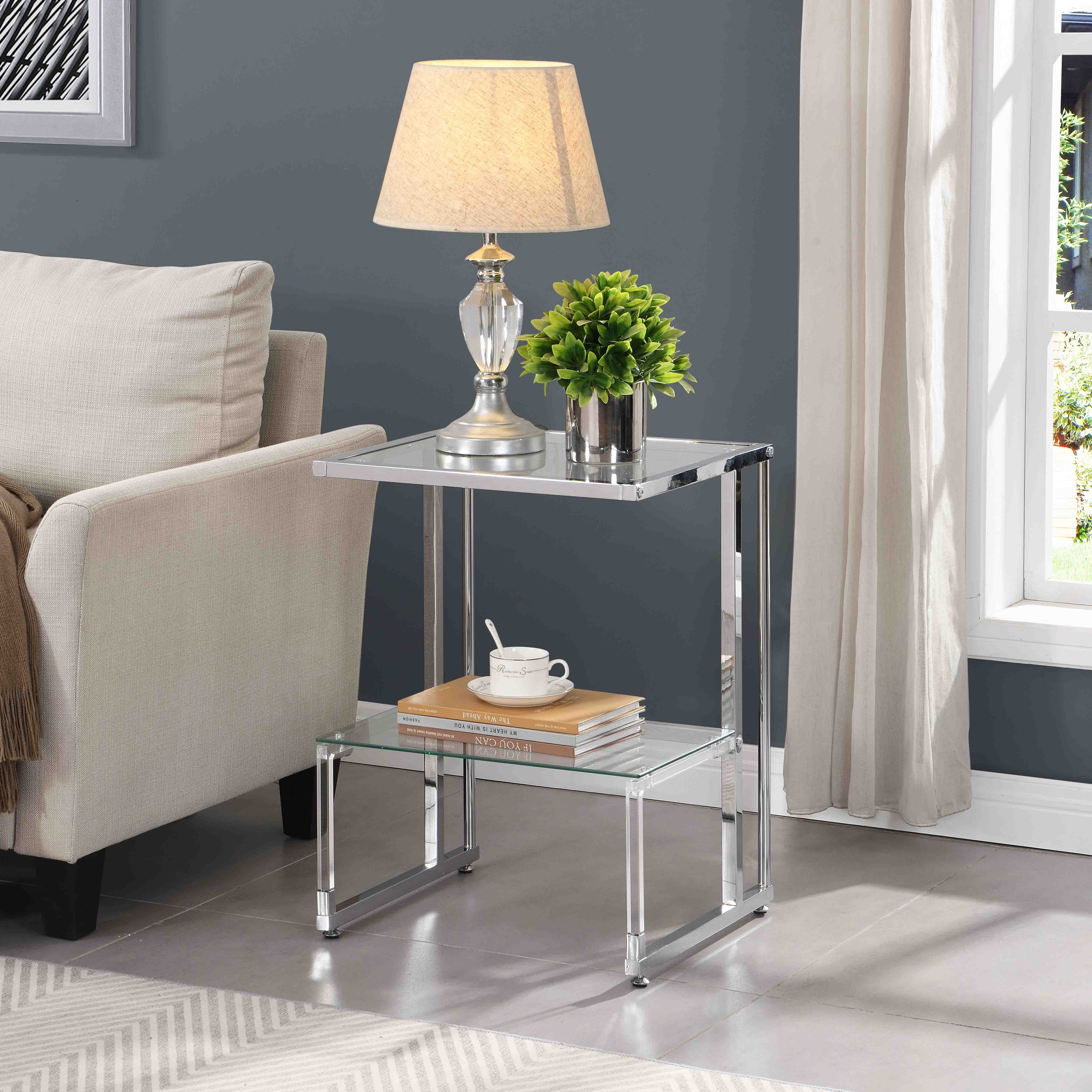 CoSoTower Silver Chrome Side Table, 2Tier Acrylic Glass End Table for