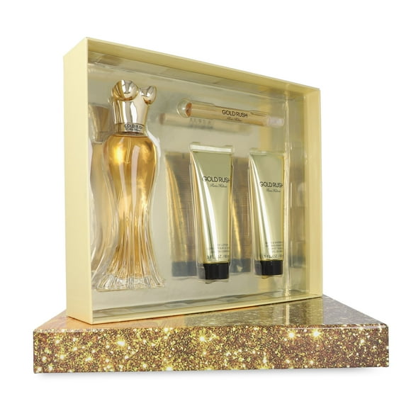 Z4 SET PARIS HILTON GOLD RUSH 4PZS 100ML EDP SPRAY/ BODY LOTION 90ML/ SHOWER GEL 90ML/ 10ML EDP SPRAY