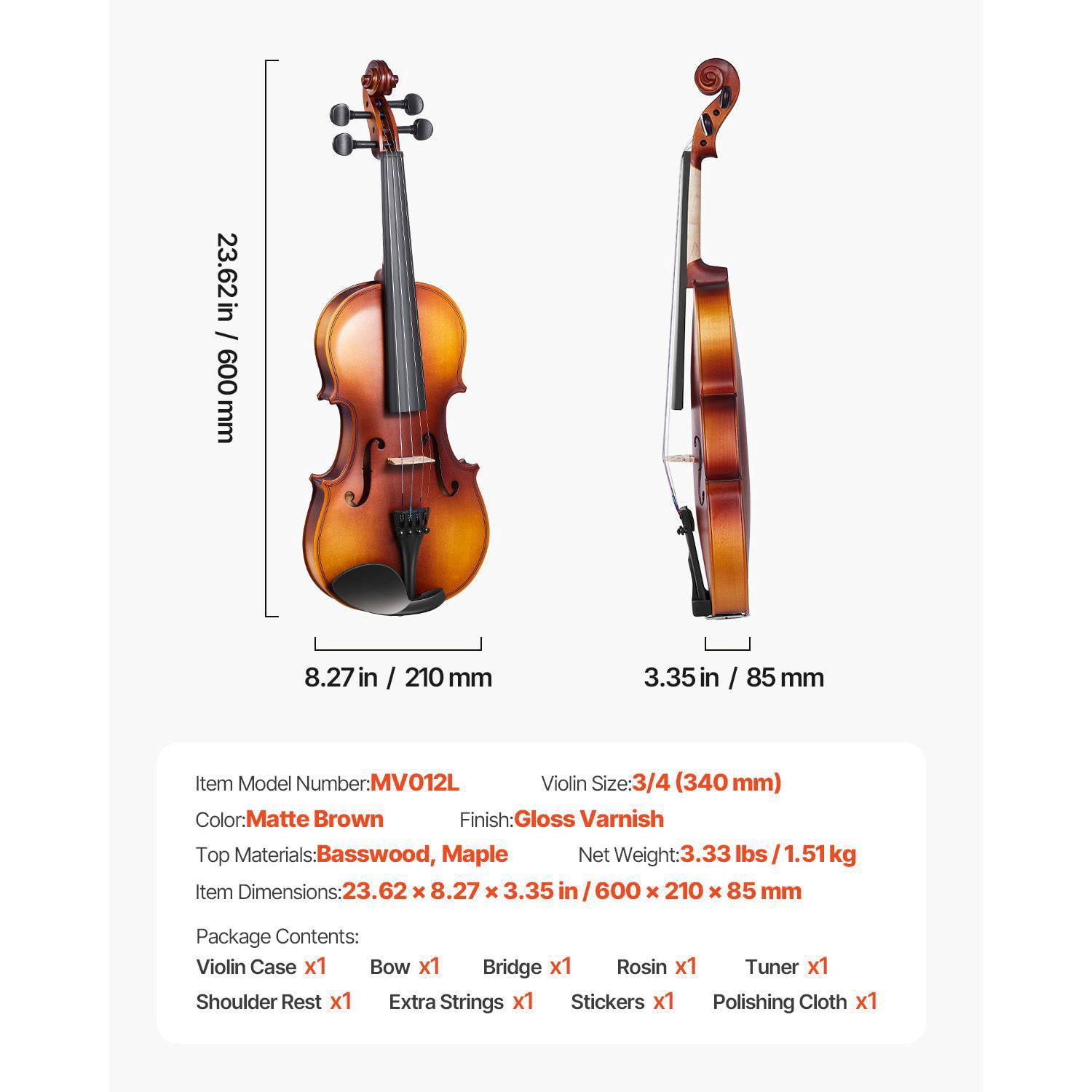 3/4 Size Violin for Adults Beginners Professional Fiddle Set with Hard Case Bow Rosin Shoulder Rest Tuner Bridge Extra Strings Brown