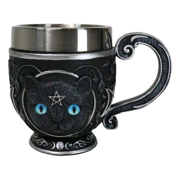 Wicca Witchcraft Pentagram Black Feline Cat With Triple Moon Tea Cup Mug