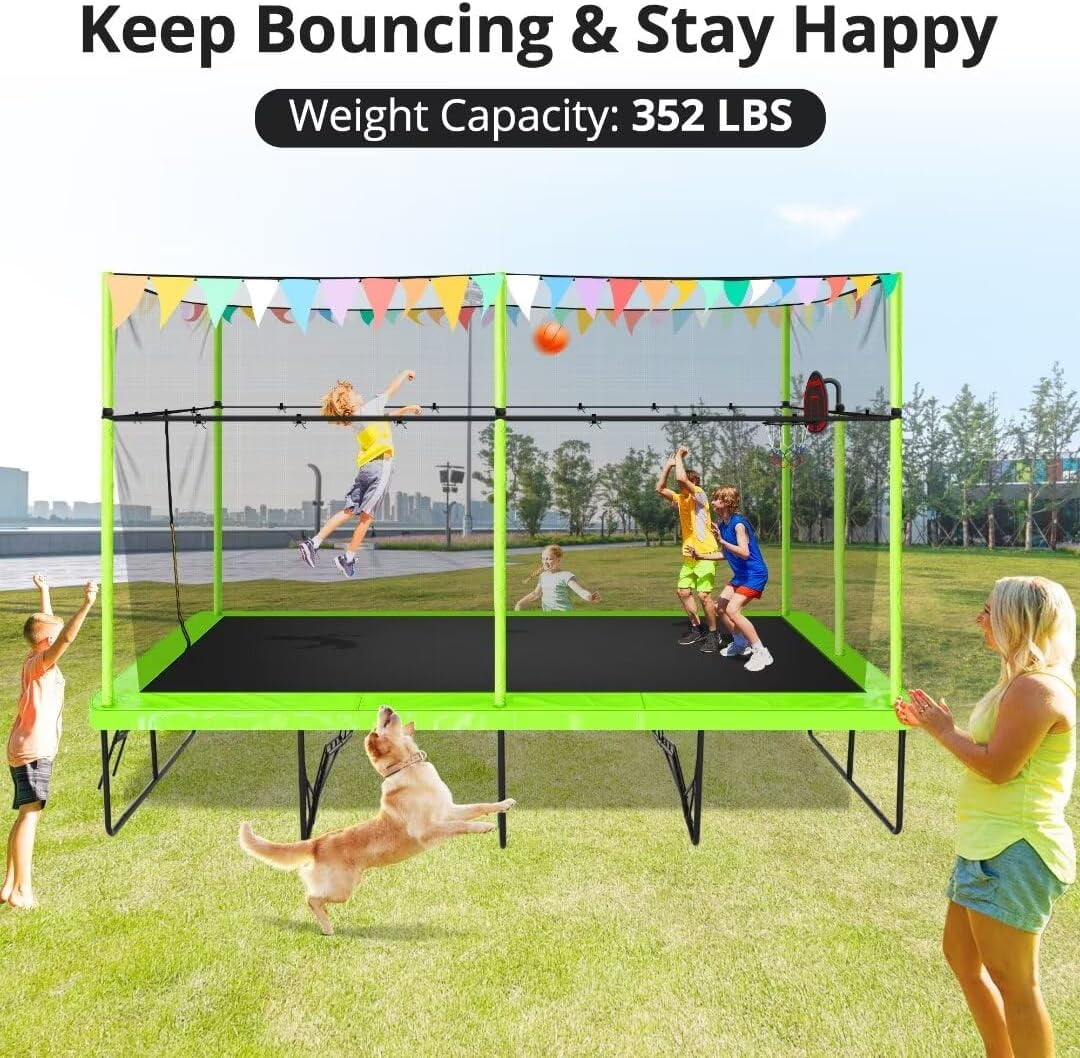 Rectangle Trampoline for Adults, 10x17 FT Large Outdoor Rectangular Trampoline for Backyard - ASTM Certified - Gymnastics Trampoline with Enclosure Net, Basketball Hoop, Strong Base, Green