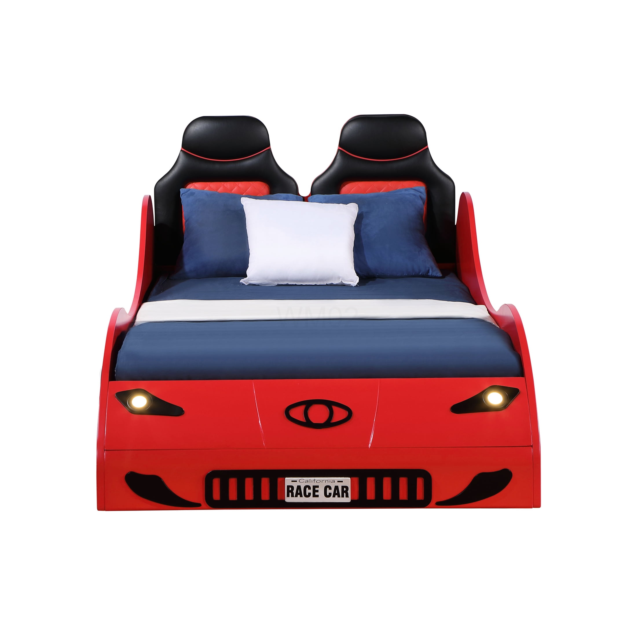 Twin Size Race Car Bed with LED Lights, PU Leather Upholstered Low Profile Platform Bed Frame
