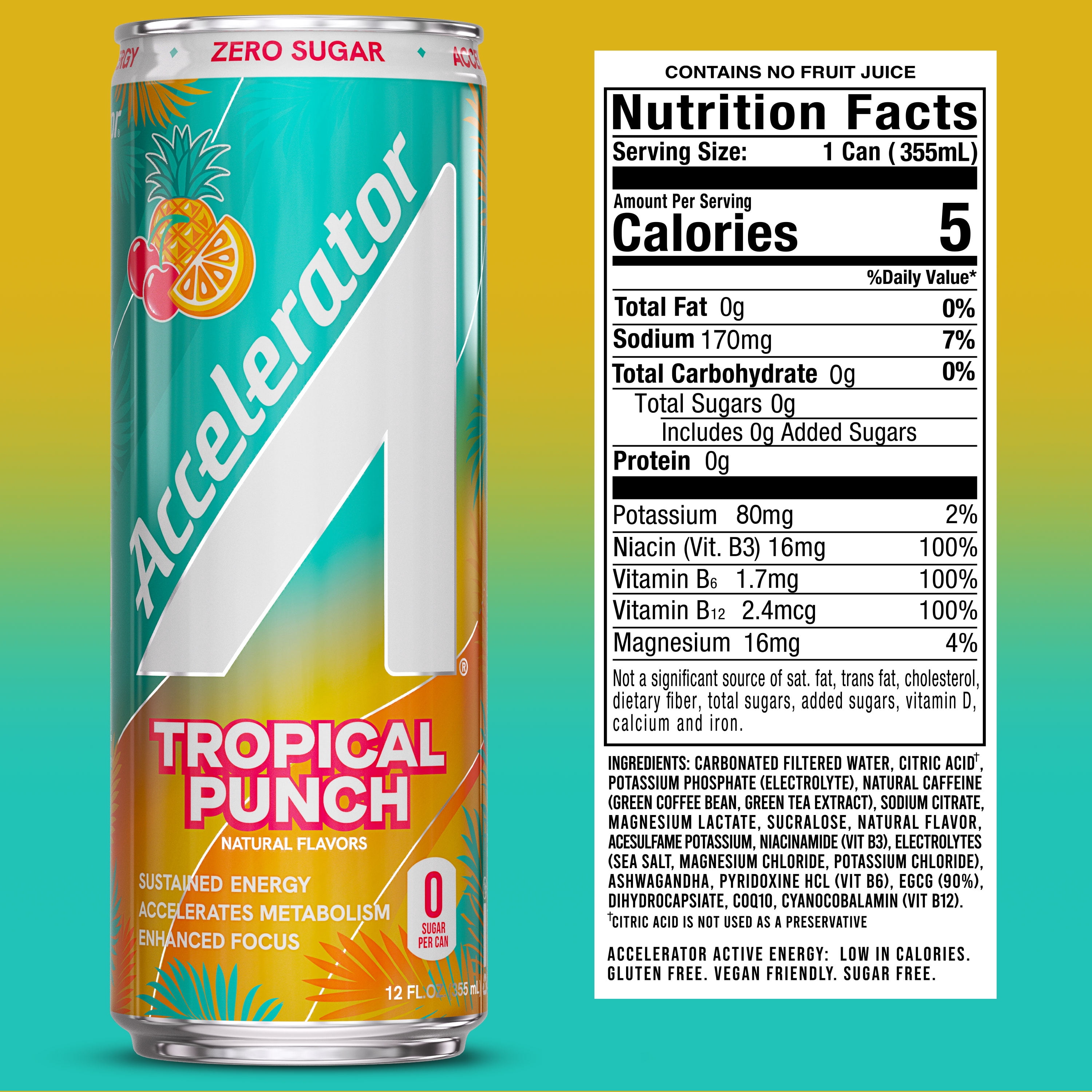 Accelerator Energy Drink, Tropical Punch, 12 fl oz can (12 pack), Zero Sugar, Sustained Energy from 100% Natural Caffeine (200mg from Green Coffee Bean & Green Tea extract)