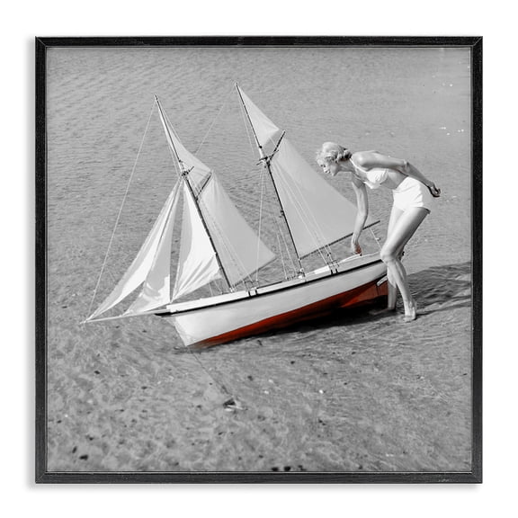 Stupell Industries Traditional Woman with Sailboat Black Framed Giclee Art, 12 x 12, by Graffitee Studios