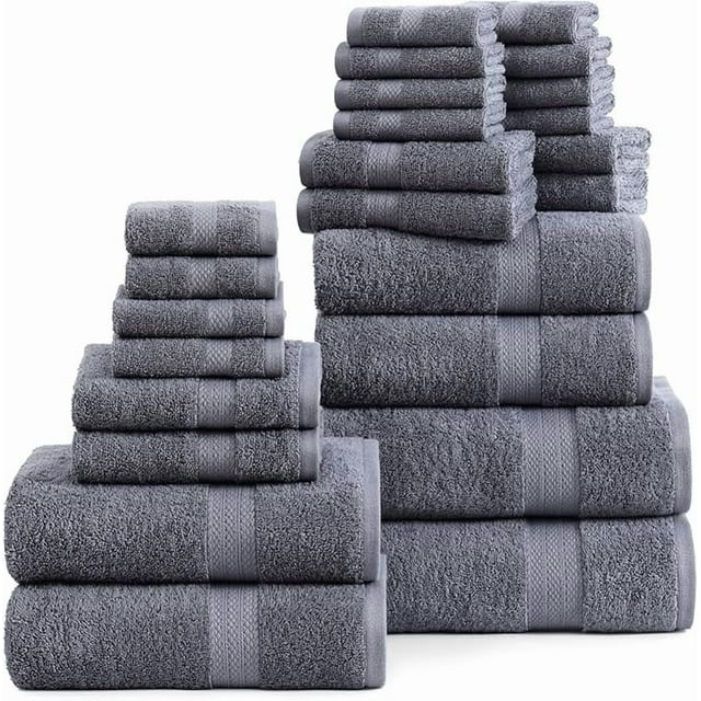 Casa Platino Toallas 100% Algodón Hilado en Anillos, Paquete de 24: 2 Toallas de Baño, 2 Toallas de Gimnasio, 2 Toallas de Baño, 4 Toallas para los Dedos, 6 Toallas para las Manos, Ideales para la Familia y el Aire, Fácil Cuidado, Gris Frío