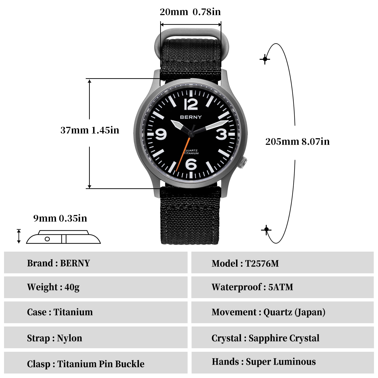 BERNY Watches for Men Military Sport Nylon Strap Titanium Field Watch with Sapphire Crystal Luminous Fashion Analog Quartz Watch Easy to Read 50M Waterproof Army Tactical Casual Wristwatch (Black)