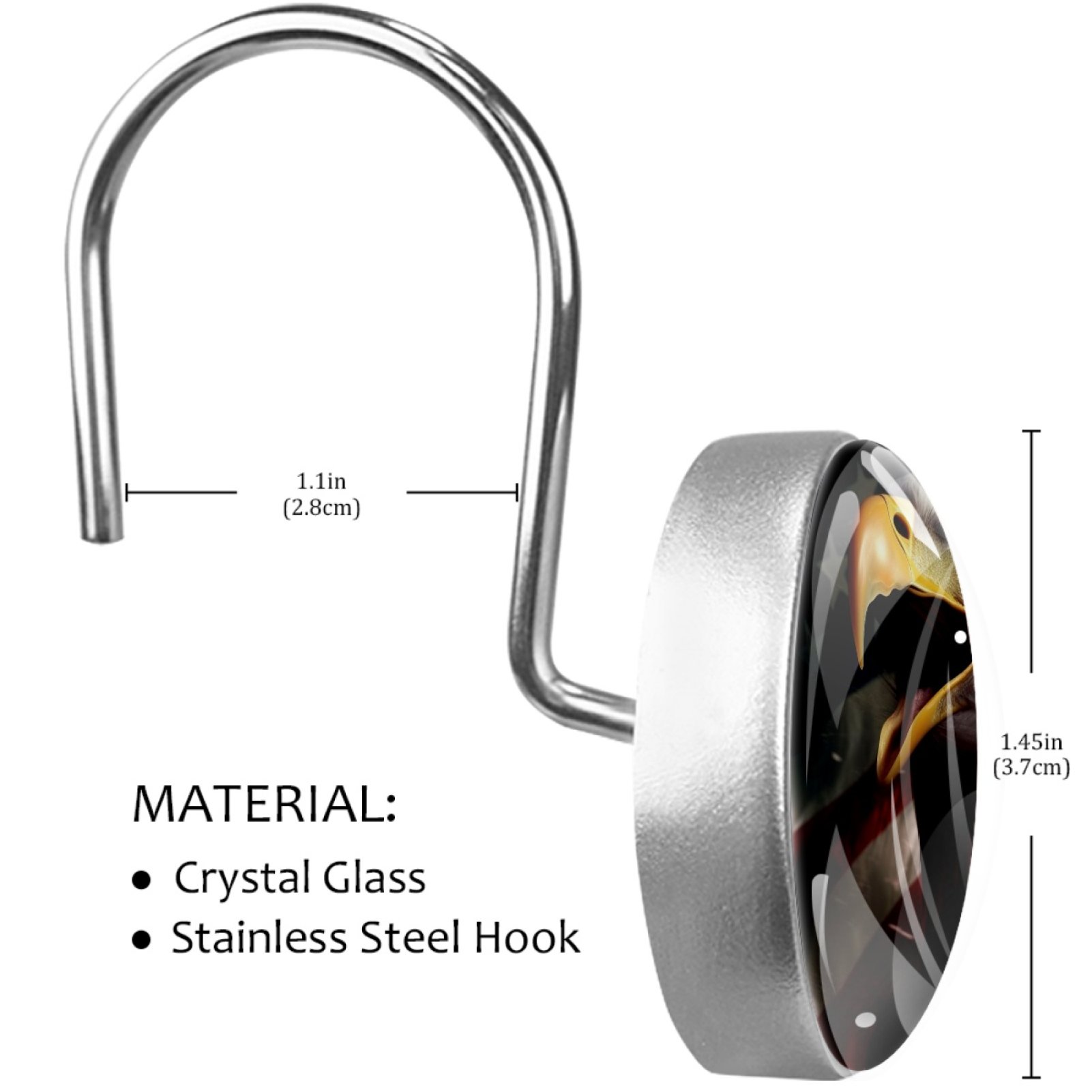 Eagle and American Flag Shower Curtain Hooks （Set of 12） for Home Hotel Shower Rods Bathroom Crystal Glass Print Stainless Steel Round Curtain Hooks