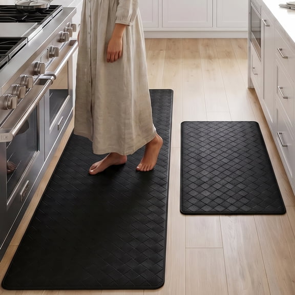 Aovky 2PCS Kitchen Mats for Floor, Cushioned Anti Fatigue Kitchen Mats, Non-Slip Comfort Standing Kitchen Rugs, Kitchen Floor Mat for Home, Office, Sink, Laundry, Entryway, (17"x47"   17"x29" Black)