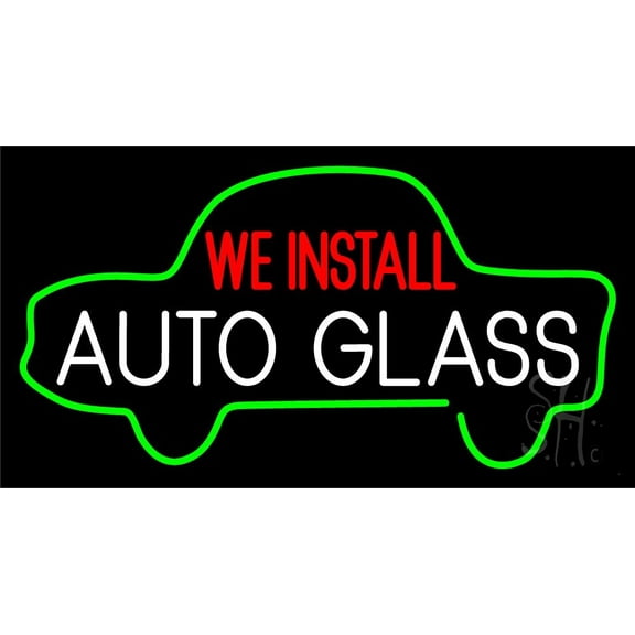 We Install Auto Glass Car Logo LED Neon Sign 13 x 24 - inches, Clear Edge Cut Acrylic Backing, with Dimmer - Bright and Premium built indoor LED Neon Sign for automotive store, and mall.