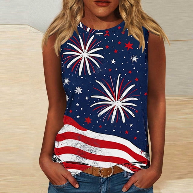 Wiyuqeen Débardeurs Drapeau Américain Femmes Sans Manches 4 Juillet Col Rond Étoiles Rayées T-Shirts Grande Taille Rouge Blanc et Bleu