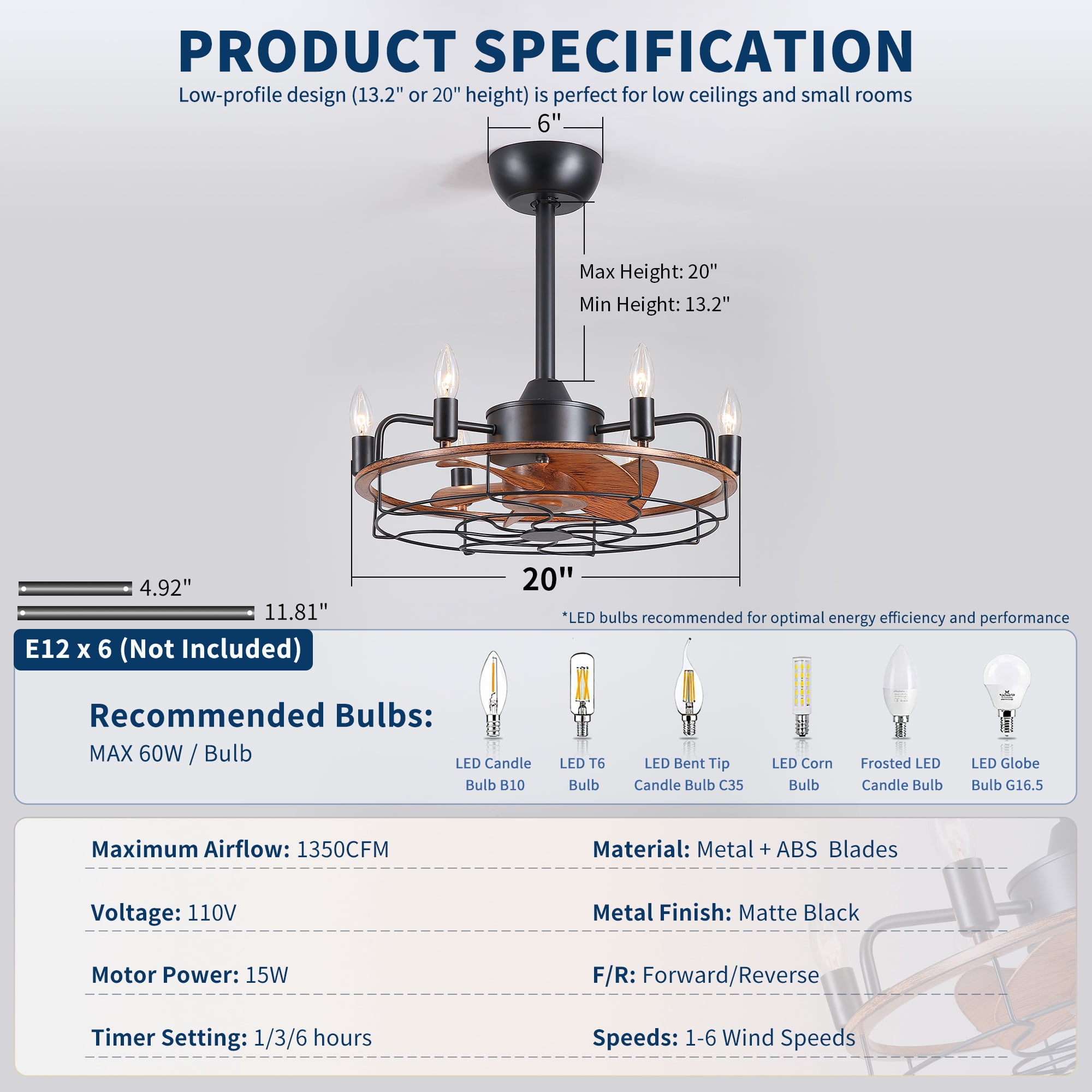 Leumius 20" Modern Farmhouse Ceiling Fan, Wood Grain Rustic Fandelier with E12 Sockets, Adjustable Hanging, Reversible DC Motor, 6 Speeds Remote Control Ceiling Fan for Dining Room Kitchen Bedroom