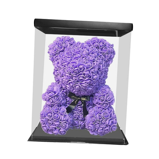 Oso de rosas con caja, adorable oso de flores preservadas, regalo artificial para bodas y fiestas. Púrpura
