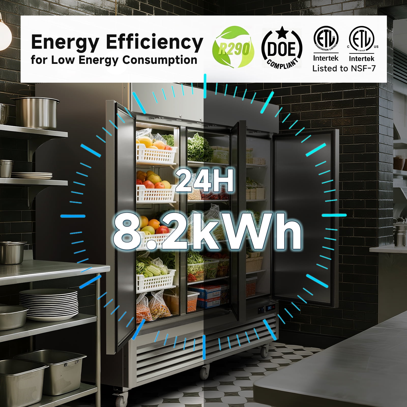 VEECOOL 72 cu.ft Commercial Refrigerator WiFi-Enabled, 82" Two Section Full Door Stainless Steel Reach in Refrigerator, Stainless Steel, App and Digital Control, R290 Refrigerant, ETL&ETL Sanitation