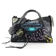 Balenciaga City Graffiti Print Black Arena Leather Shoulder Bag 505550