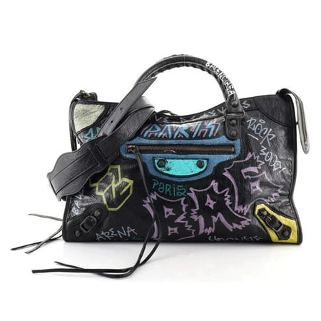 Balenciaga City Graffiti Print Black Arena Leather Shoulder Bag 505550