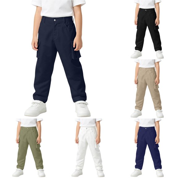 YMNXA Kids Boys Cargo Pants With Multiple Pockets High Waist Solid Color Straight Leg Lightweight Breathable Trousers For Daily Wear,Navy,5-6 Years