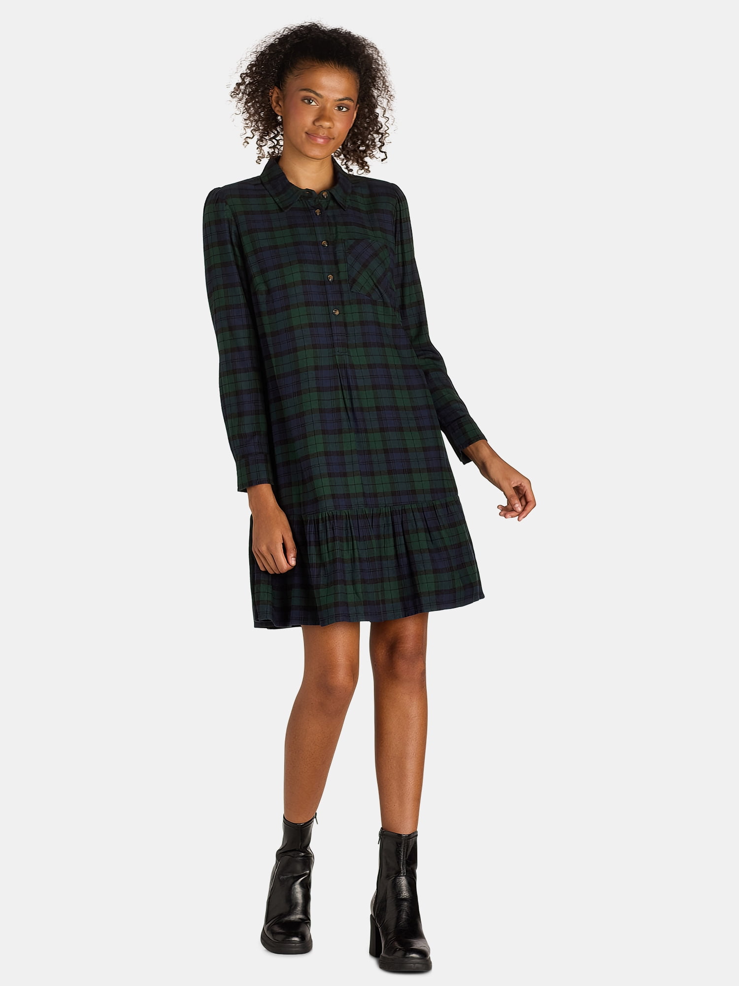Time and Tru Women's Plaid Mini Dress with Long-Sleeves, Sizes XS-XXXL