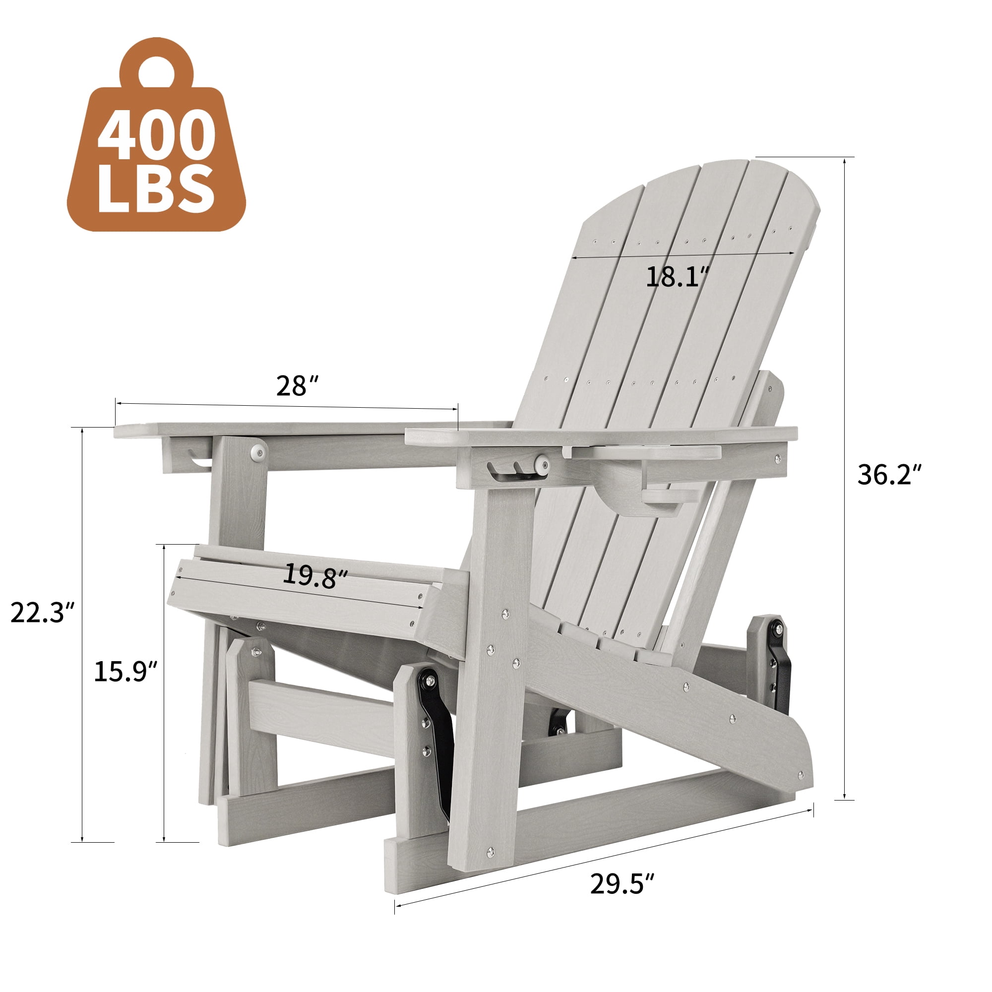 DEAUL HDPE Adirondack Outdoor Glider Chair, 3-Position Adjustable Backrest Patio Glider, All-Weather Heavy Duty Chair for Pool, Yard, Gray (1 PC)