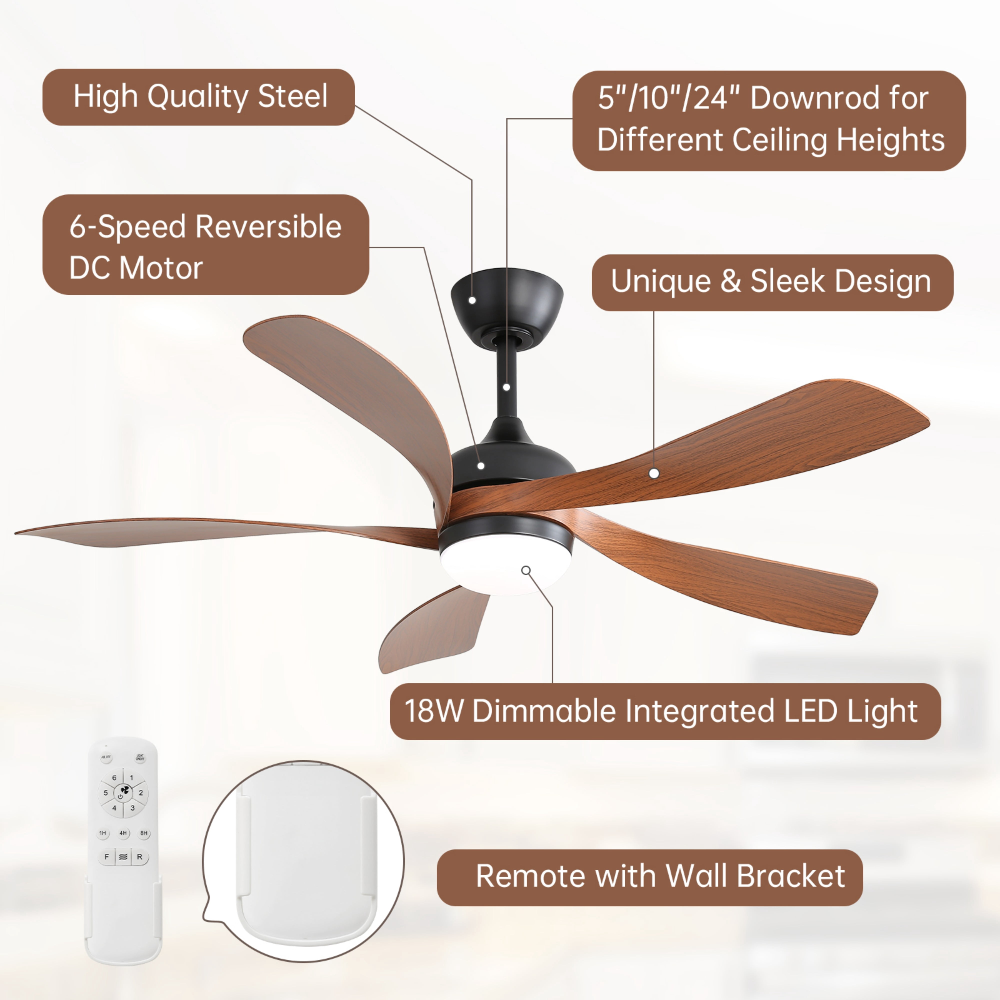 Sofucor 52 Inch Ceiling Fans with Lights and Remote, Outdoor Ceiling Fan with Light 6-Speed 3 CCT 3-Timer, Low Profile Ceiling Fan 5 Blade Reversible DC Motor for Living Room Bedroom Patio