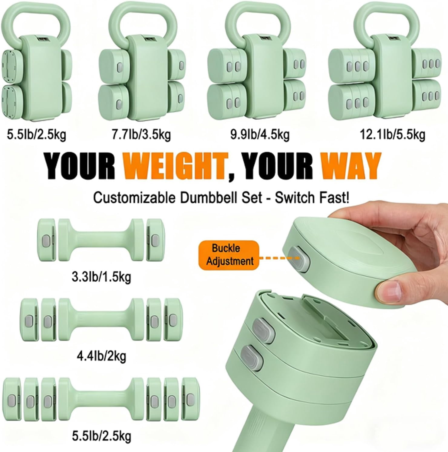 Adjustable Dumbbell Set of 2, 4-in-1 Free Weights with Fast Locking System for Home Gym Exercise Training