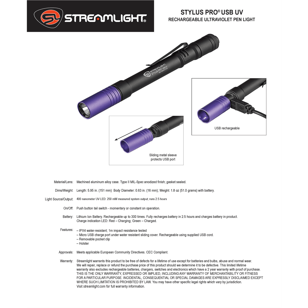 Streamlight Stylus Pro USB UV Ultraviolet LED Compact Penlight/Flashlight - 66149