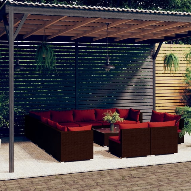 vidaXL Ensemble de Salon de Jardin 14 Pcs avec Coussins Brun en Poly Rotin