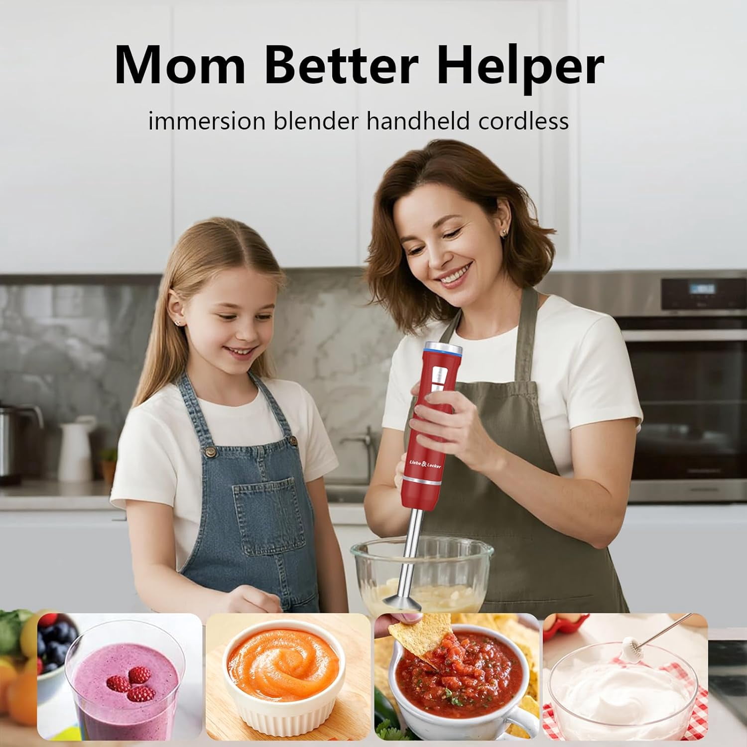 Immersion Blender Handheld Cordless, 3 in 1 Cordless Hand Blender with Whisk Milk Frother for Soup Smoothie Red