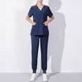 thumbnail image 2 of Xfvqtps Scrub Set for Women V-Neck Stretch Scrub Top and Elastic Waist Jogger Pants Short Sleeve Solid Color V-Neck Nurse Working Uniform Suit with Pocket Navy, 2 of 4