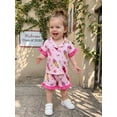 thumbnail image 3 of RUINIXCW Toddler Baby Girl Back to School Kids Pajamas Set Summer PJS Set Sleepwear Bow Pencil Printed Short Sleeve Button Down Shirt and Ruffle Shorts Set Homewear Loungewear 1-7 Years, 3 of 9