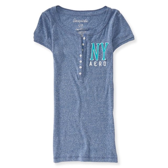 Aeropostale Mujer NY SS Henley Shirt 402 L, Azul, Grande Aeropostale henley