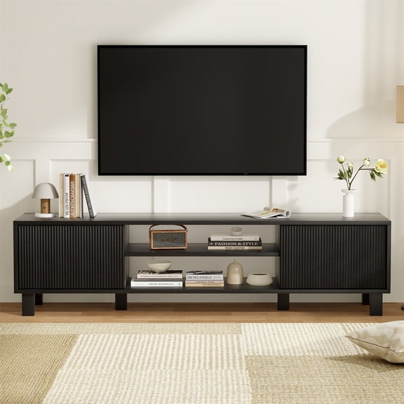 Hommoo Modern TV Stand Up to 70", TV Media Console Cabinet with Storage & Open Shelves, Stylish Entertainment Center for Living Room, Black