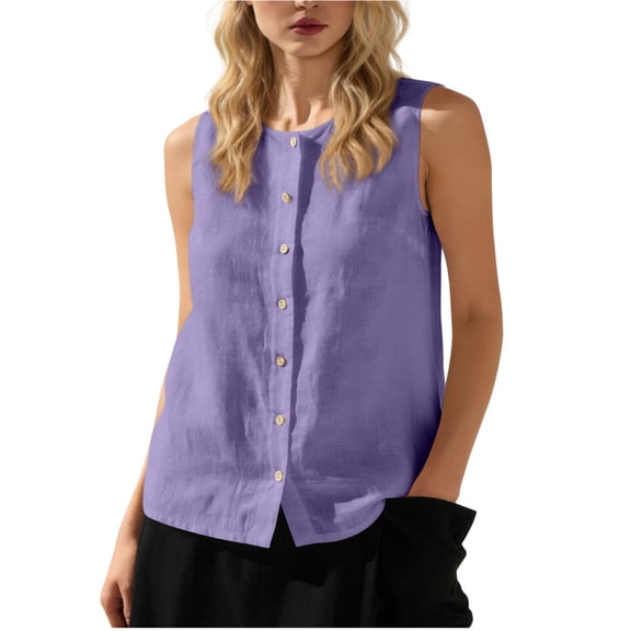 LNWUY Womens Cotton Linen Suit Vest Summer Casual Sleeveless Round Neck Button Down Tank Tops Fashion Work Waistcoat Purple XXL