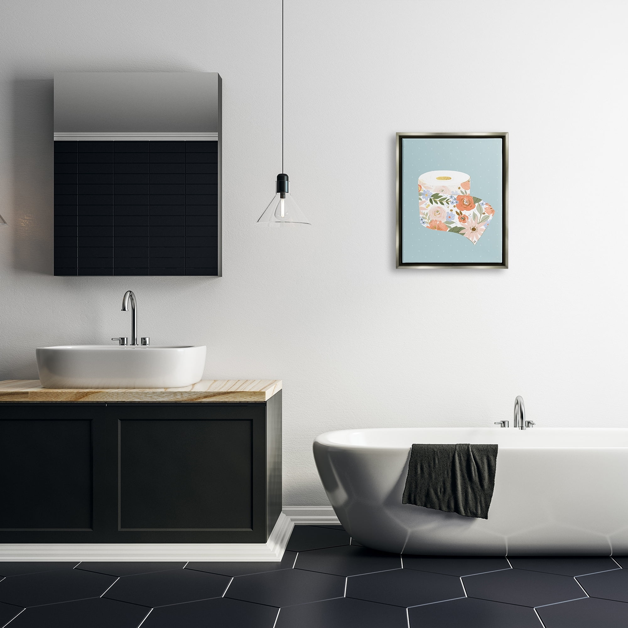 Stupell Industries Spring Floral Print Toilet Paper over Blue Jet Black Framed Floating Canvas Wall Art, 16x20, by Loni Harris