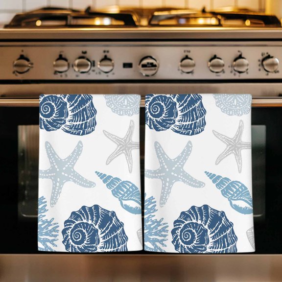 Blue Grey Coastal Kitchen Towels Set of 1, Nautical Shell Starfish Coral Summer Beach Absorbent Dish Towels for Kitchen, Microfiber Hand Towel, Quick Drying Tea Towel for Cleaning Dishcloths