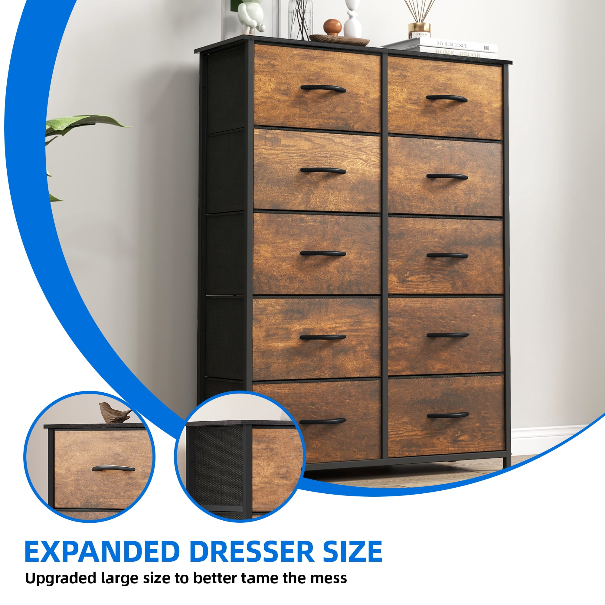 Uforic 10-Drawer Fabric Dresser for Adults, Chest of Drawers for Bedroom Organization, Brown