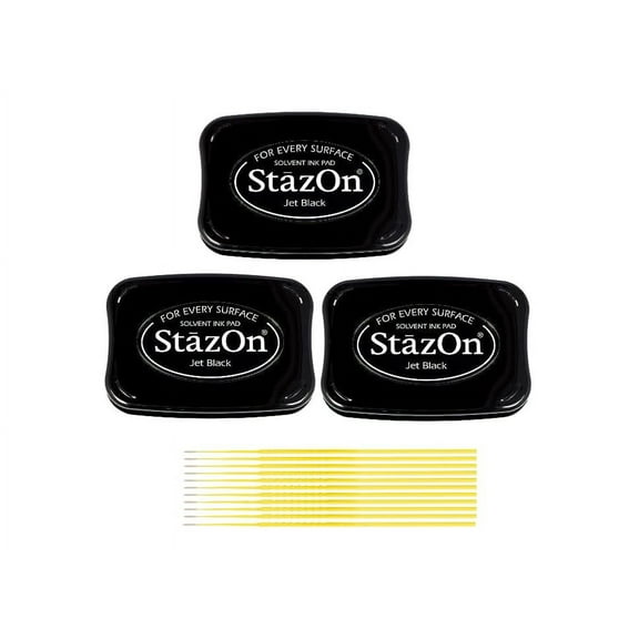 StazOn Jet Black Ink Pad Bundle - 3 Jet Black Solvent Ink Pads with Trebbies Fine Detail Sticks