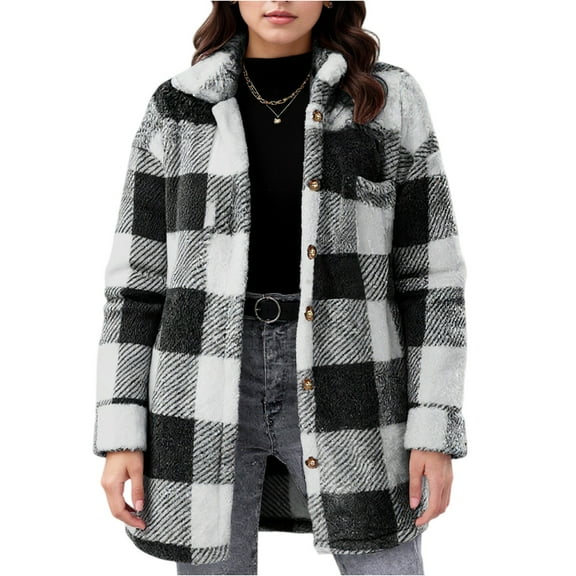 CharmCyan Women Button Down Plaid Shirt Jacket Long Sleeve Lapel Collar Casual Loose Fit Outerwear Coat for Fall and Winter Black L