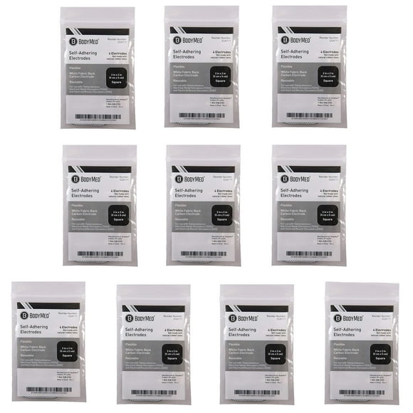Unidad TENS/EMS BodyMed con 4 electrodos: cuatro electrodos cuadrados de 5 x 5 cm en paquetes de diez. Reutilizables y autoadhesivos para facilitar la estimulación muscular y aliviar las molestias.