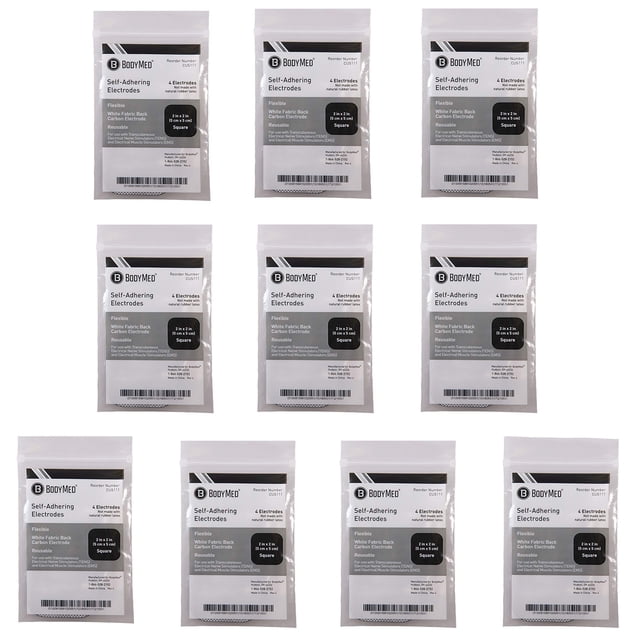 Unidad TENS/EMS BodyMed con 4 electrodos: cuatro electrodos cuadrados de 5 x 5 cm en paquetes de diez. Reutilizables y autoadhesivos para facilitar la estimulación muscular y aliviar las molestias.