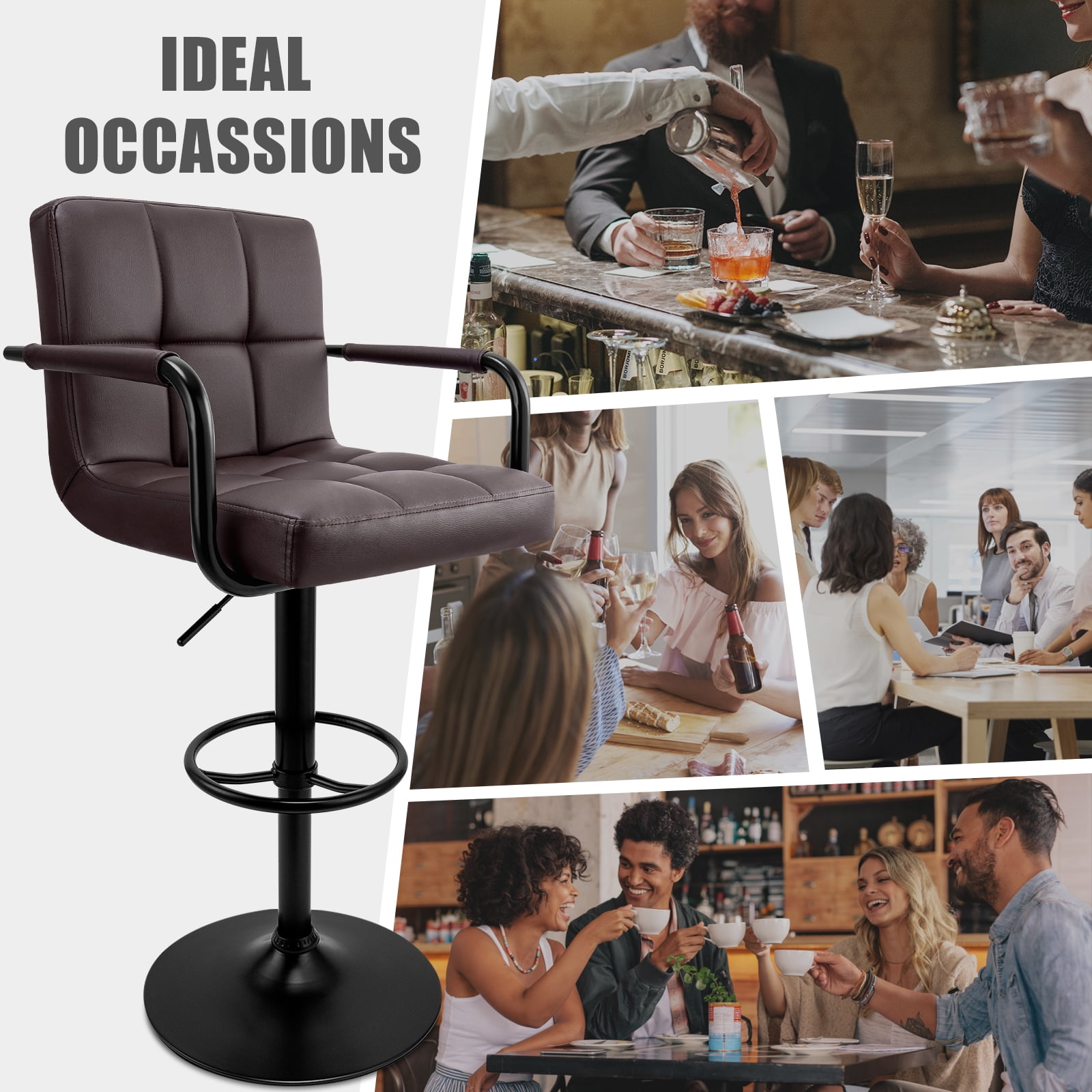 Soontrans Bar Stools Set of 2 Swivel Counter Height Stools with Arms and Back, Adjustable Island Chairs for Kitchen, Modern Barstools with Backrest and Armrest(Coffee, 2Pcs)