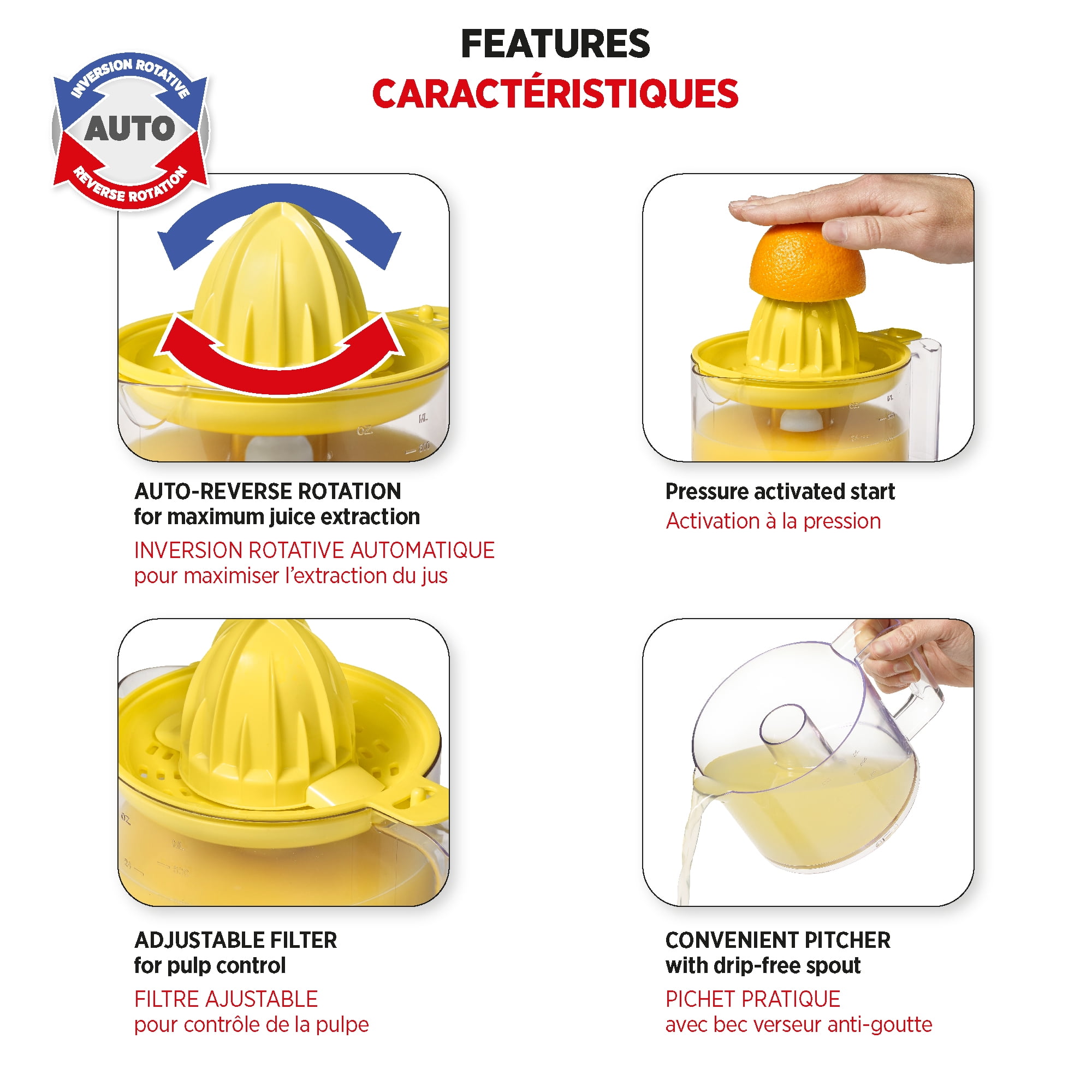 Starfrit Presse-Agrumes Électrique, 800 ml, 2 Tailles de Cônes de Jus, Rotation Automatique, 30 Watts Obtenez un jus frais rapidement avec le presse-agrumes électrique Starfrit. Activation par pression et inversion automatique pour une extraction maximale. Deux cônes pour tous agrumes, pichet anti-gouttes, filtre ajustable. Sans BPA, compact, pièces lavables au lave-vaisselle.