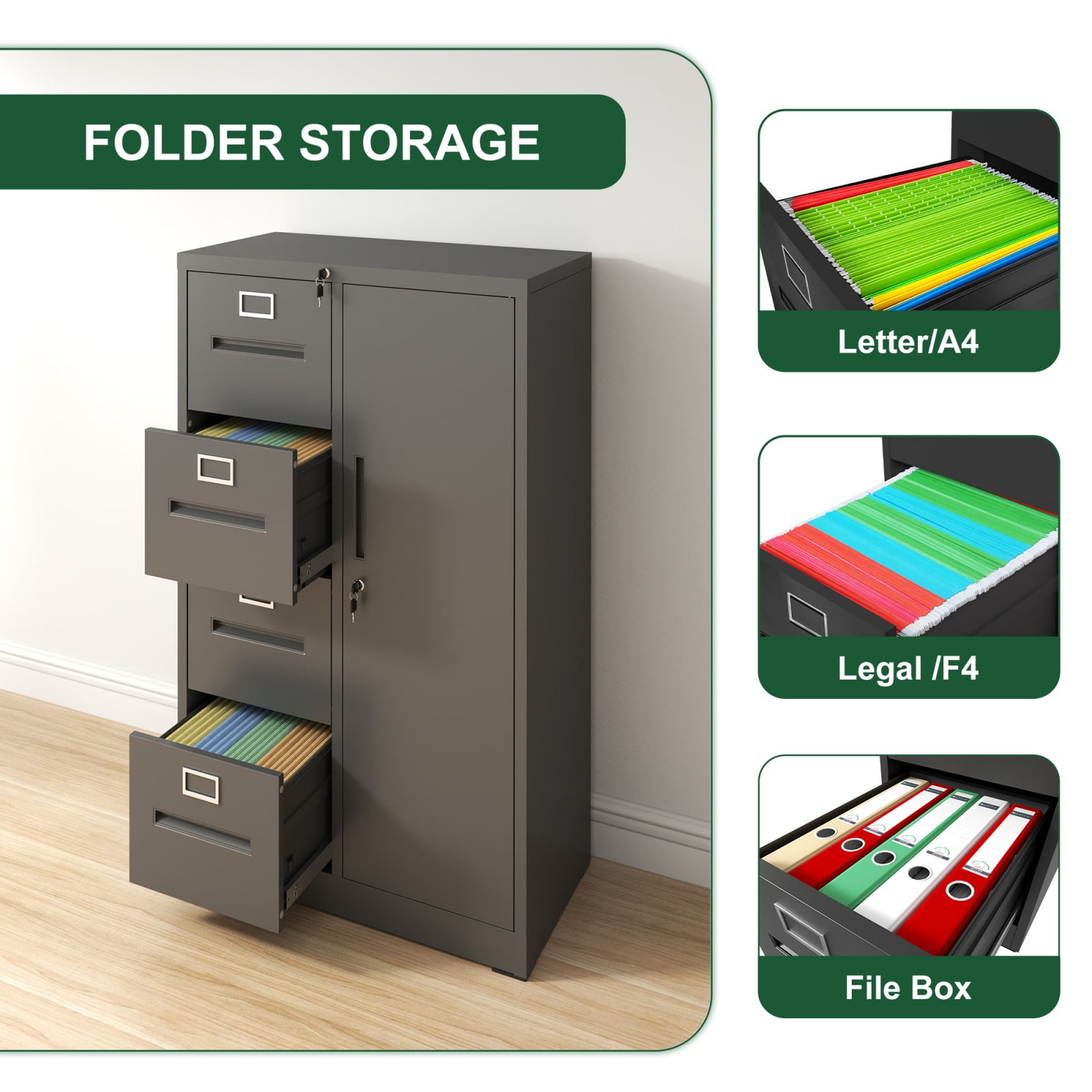 Metal Storage Vertical Filing Cabinet with Lock, Steel File Locker with 4 Drawers and 1 door for School, Living Room, Bedroom, Office