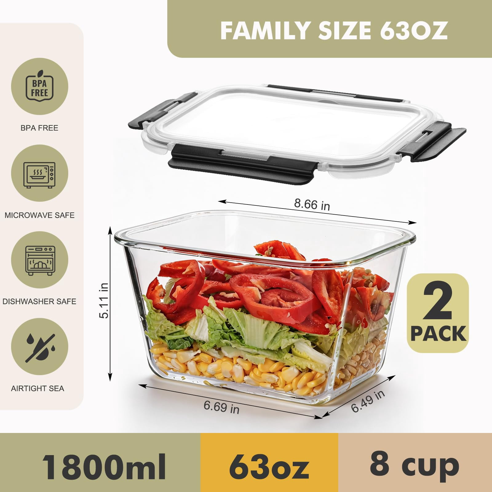 Glass Food Storage Containers with Lids – Airtight Meal Prep Containers, Leak-Proof Locking Bento Boxes for Microwave, Oven, Freezer, Dishwasher, BPA Free