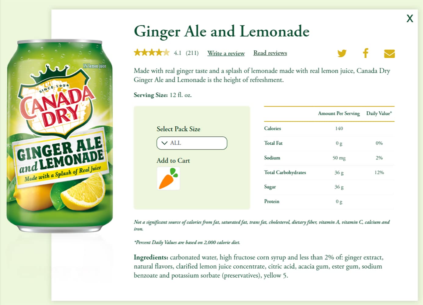 Buy Canada Dry Ginger Ale & Lemonade, Made from Real Ginger & with Real Juice, 12oz Can (Pack of