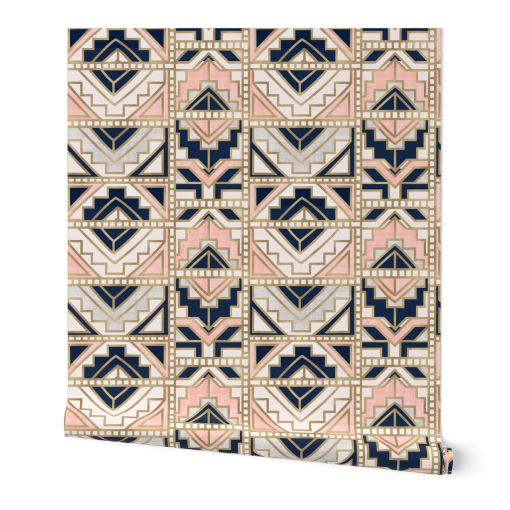Peel-and-Stick Removable Wallpaper Aztec Blush Navy Gold Cream Modern Geo