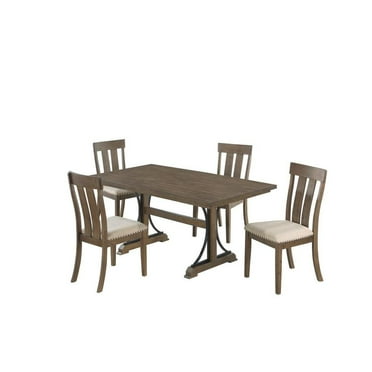 5pc Brown Oak Wood Dining Set with 4 Beige Linen Upholstered Chairs